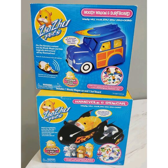 Lot 2 Zhu Zhu Pets Woody Wagon & Surfboard Hamcycle & Sidecar New‎ Open Box - Picture 1 of 7